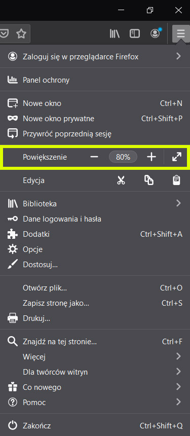 Ustawienia powiększenia w przeglądarce Firefox
